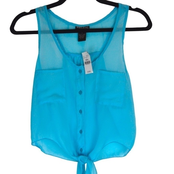 WET SEAL Ocean Blue‎ Racerback Tie Front Sheer Button Fromt Blouse, Small NEW - Picture 1 of 6
